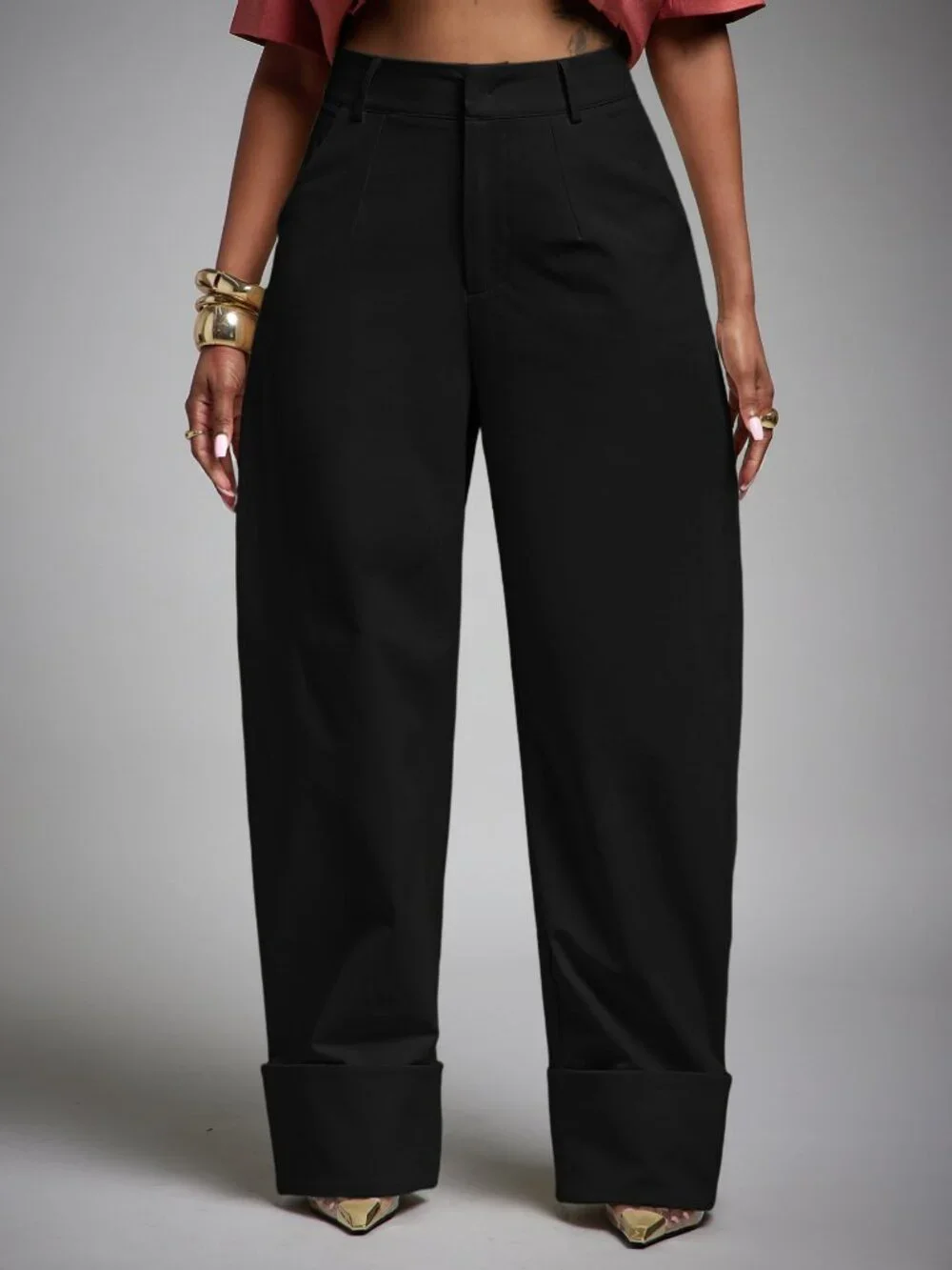 Black Casual Women's High Waist Fold Over Cuffed Hem Barrel Leg Trousers